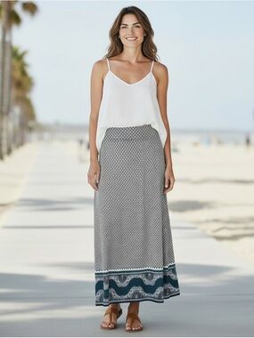 MAX STUDIO Maxi Skirt Geometric Print in Navy Blue, White, Teal Green W's Large